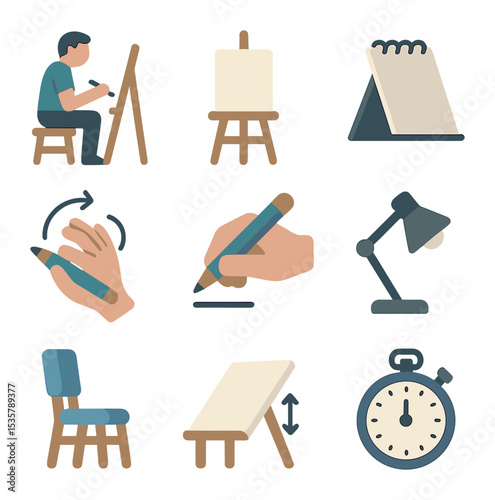 Portrait Drawing Tools. Flat icon set of portrait drawing tools: mechanical pencil, kneaded eraser, sketching