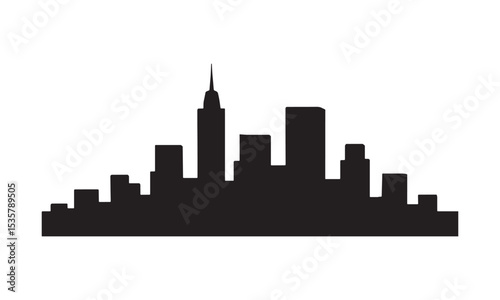 Black and white silhouette illustration of a modern city skyline on a bright white background.
