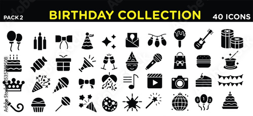 Bold solid black icons representing birthday-related elements.
