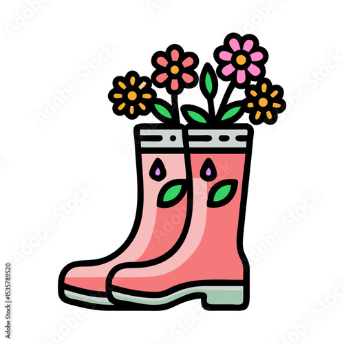 Rubber Boots Overflowing with Blooming Flowers in a Cheerful and Whimsical Design colorful vector icon