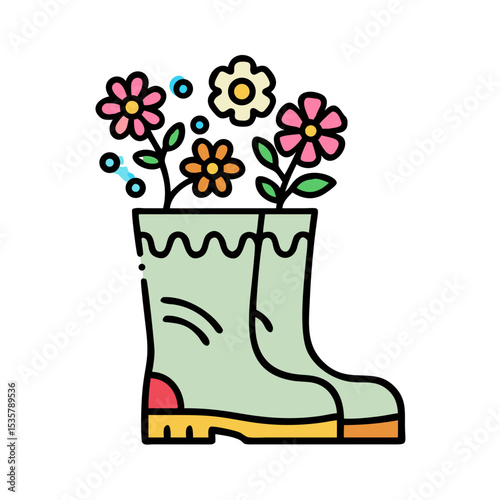 Adorable flowers blooming from a pair of green garden boots in spring colorful vector icon