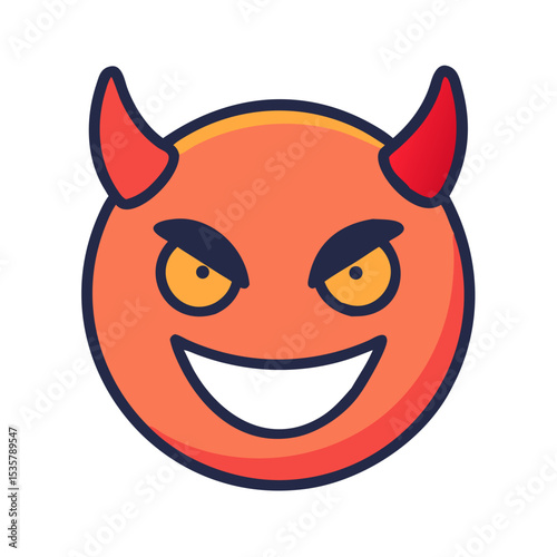 Orange devil emoji with a sinister grin and red horns on white colorful vector icon