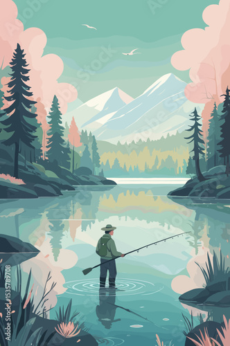 Fisherman standing in water, casting line, surrounded by nature, mountains and forest landscape