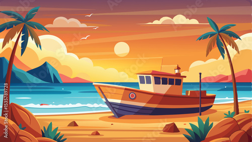 Cartoon beach scene featuring a docked boat, palm trees, and colorful sunset sky