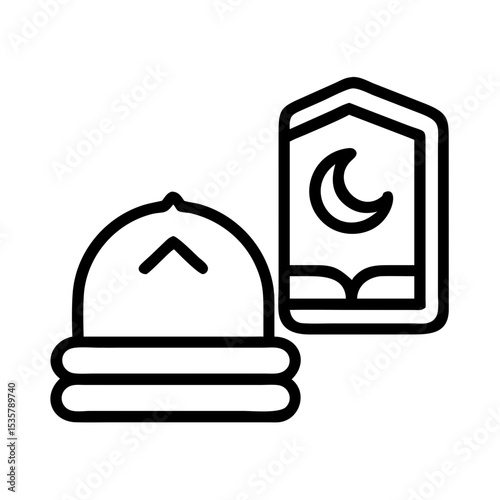 Islamic symbolic icon featuring a prayer cap and crescent moon over book colorful vector icon