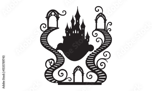 Black silhouette of a fairytale castle with spiral staircases and ornate arches