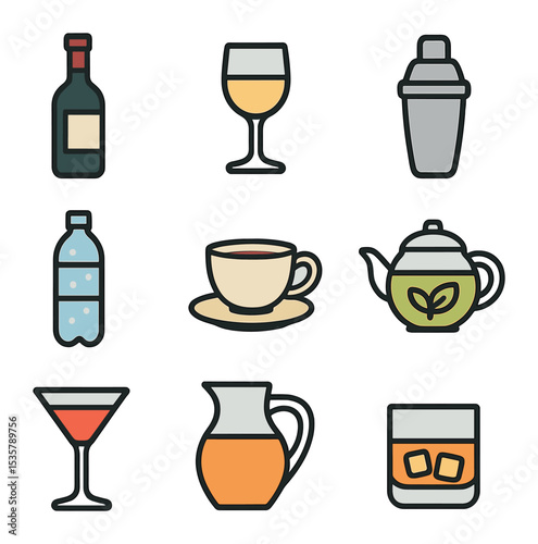 Romantic Dinner Icons. Flat icon set of romantic candlelit dinners: lit candle, wine glasses, rose bouquet,
