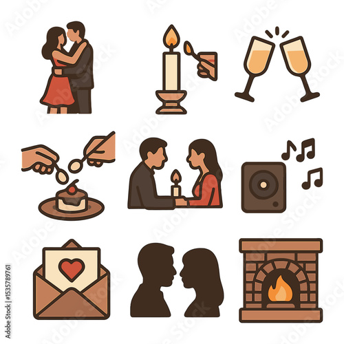 Cozy Dinner Icons. Flat icon set of cozy dinner ambiance: fireplace, soft lighting, draped curtains, wine