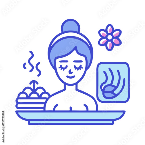 Woman enjoying a relaxing spa day with aromatherapy and flower essence colorful vector icon