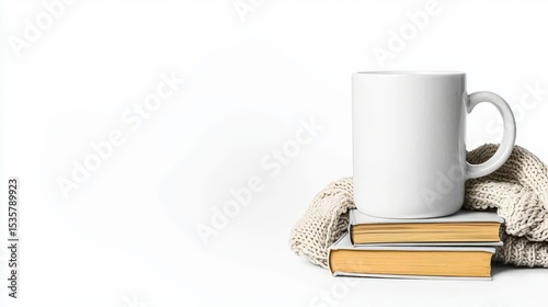 A cozy scene featuring a blank mug on top of stacked books, ideal for warm beverage lovers and reading enthusiasts.