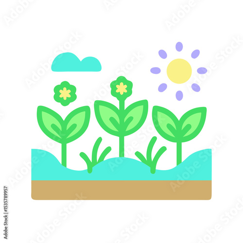 Springtime Garden Illustration with Flowers, Sunlight, and Gentle Clouds colorful vector icon