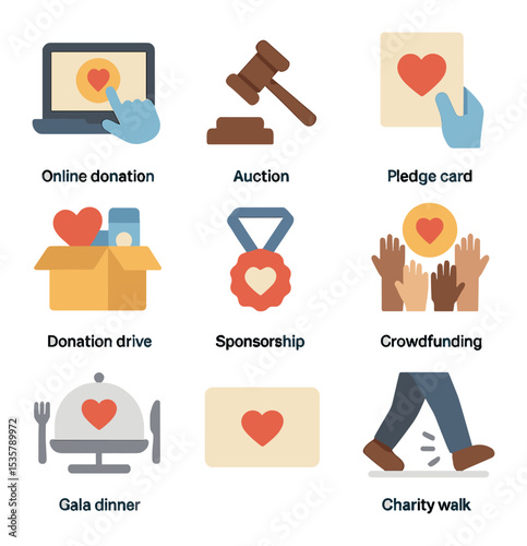 Philanthropy Icon Set. Flat icon set of philanthropists and nonprofit volunteers: helping hands, donation box,