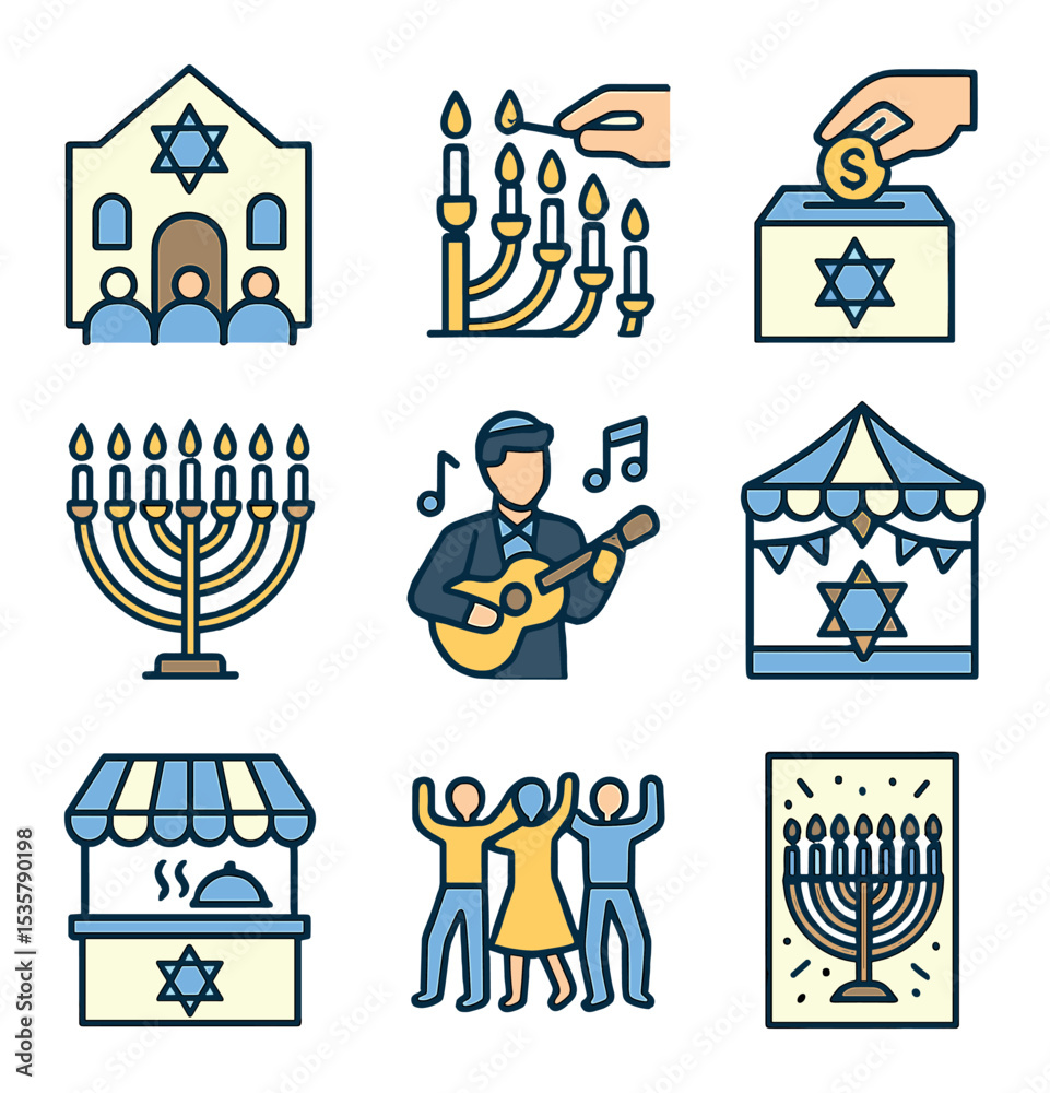 Fototapeta premium Hanukkah Celebration Icons. Flat icon set of Hanukkah celebrations: menorah, dreidel, gelt coins, lit candles,