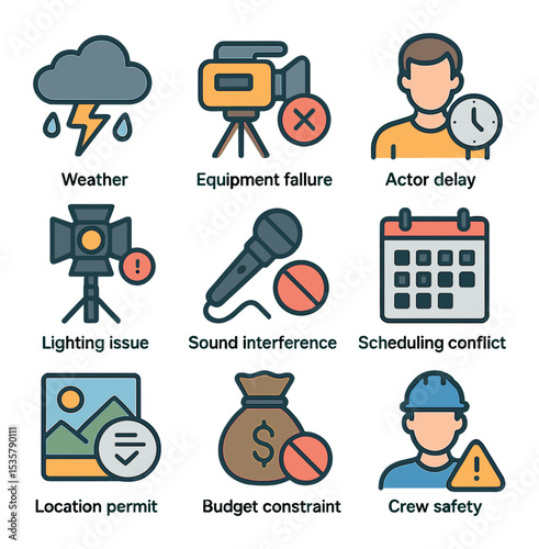 Outdoor Shooting Icons. Flat icon set of outdoor shooting: camera on tripod, portable generator, wireless