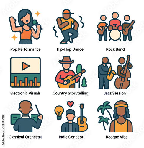 Studio Equipment Icons. Flat icon set of studio setup: green screen, lighting grid, camera dolly, soundproof
