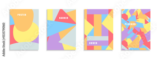 Collection of vector colorful posters with abstract geometric shapes. Art funky creative covers fashion style - retro design 80s-90s. Bright trendy placards, brochures, banners,backgrounds