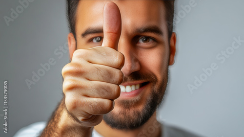 Young man smiling and giving thumbs up on neutral background  
