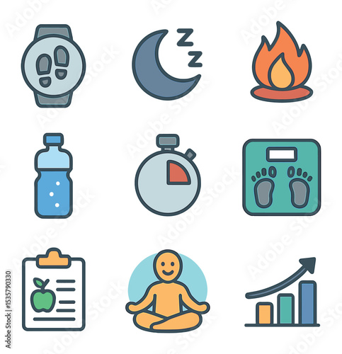 Modern Wall Decor Icons. Flat icon set of wall decor ideas: framed photo, canvas painting, wall decal, hanging