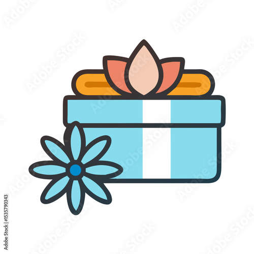 A beautifully decorated gift box with a flower, ribbon and lotus decoration colorful vector icon
