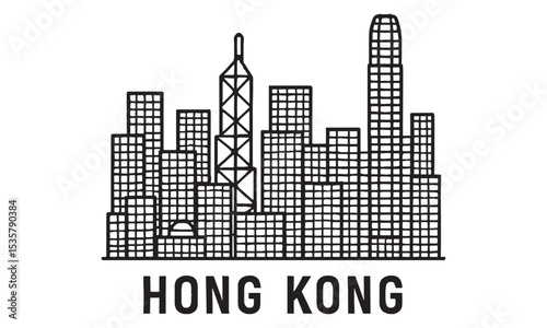 Hong kong skyline illustration depicting iconic skyscrapers and urban cityscape in black and white