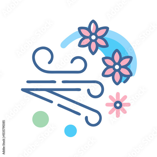 Windy spring weather with swirling wind blowing flowers across the sky colorful vector icon