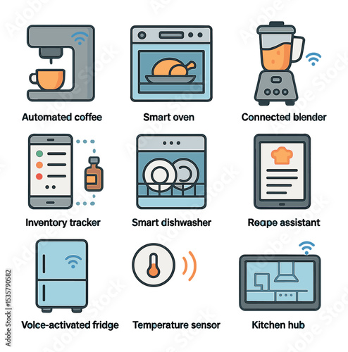 Smart Home Icon Set. Flat icon set of radical home automation: smart mirror, voice assistant, robotic vacuum,