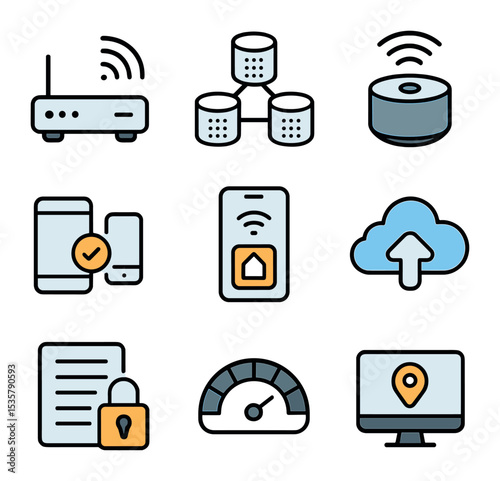 AI Home Tech Icons. Flat icon set of AI-driven home tech: predictive maintenance, personalized environment,