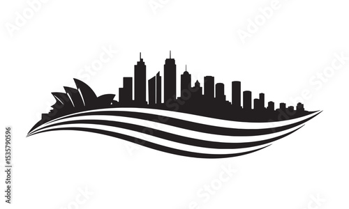 Iconic sydney australia city skyline silhouette above abstract wavy black and white design
