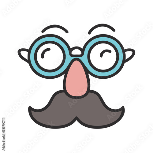 Cartoonish disguise featuring large round glasses, a fake nose, and a mustache colorful vector icon