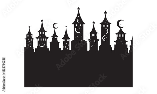 Silhouette illustration of a fantasy skyline with crescent moons and stars decorations.