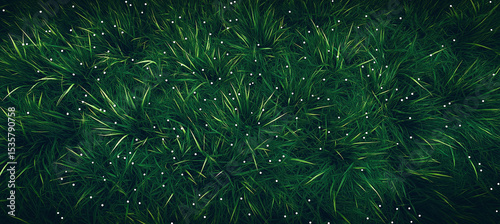A top-down view of a vibrant emerald green grass field, dotted with tiny white specks, as seen from the perspective of someone standing on the grass. photo