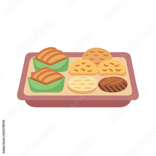 Cartoon illustration of a platter of assorted baked goods with sweet treats colorful vector icon
