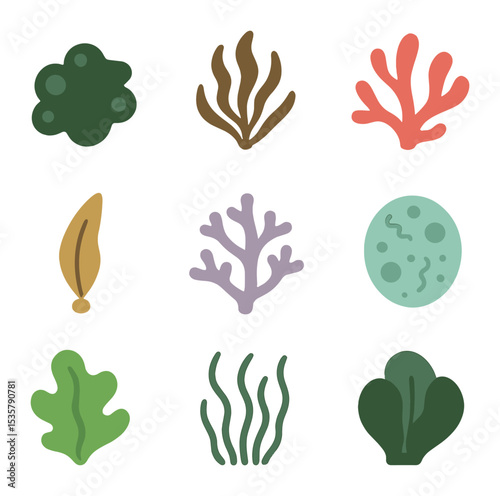 Tidal Pool Icons. Flat icon set of tidal pool creatures: limpets, shrimp, octopus, crab claw, sand dollar, sea