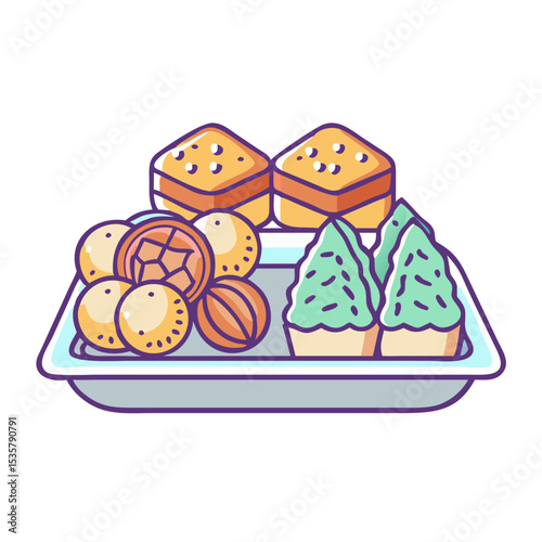 Stylized vector illustration of a tray filled with diverse sweet treats colorful vector icon