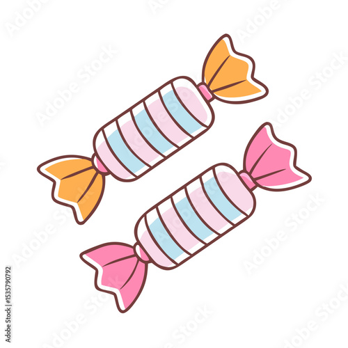 Two cute pastel wrapped candies with pink and orange ribbon ends colorful vector icon