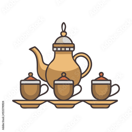 Elegant teapot and teacups with lids set on golden saucers isolated vector colorful vector icon