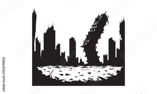 Silhouette of a collapsed cityscape depicting urban destruction and devastation after a catastrophe