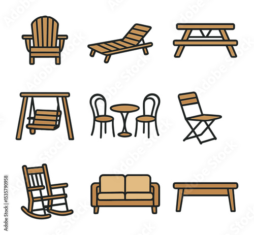 Outdoor Decor Icons. Flat icon set of outdoor decor elements: string lights, garden candles, outdoor rug,