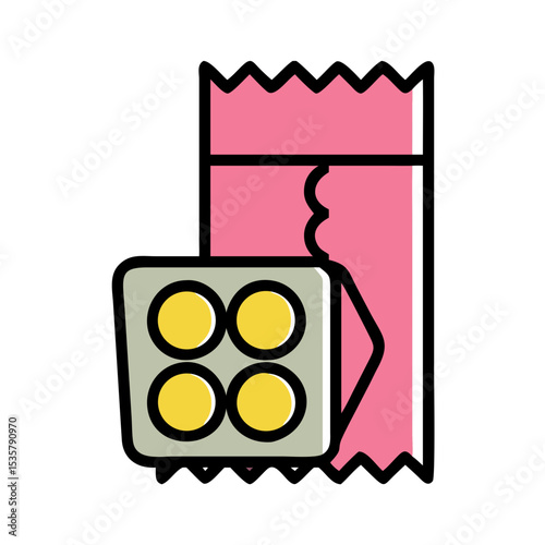 Cartoon illustration of a blister pack of pills or medicine with packaging colorful vector icon
