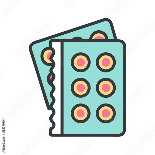 Colorful illustration of two medicine or candy blister packs with taken pills colorful vector icon