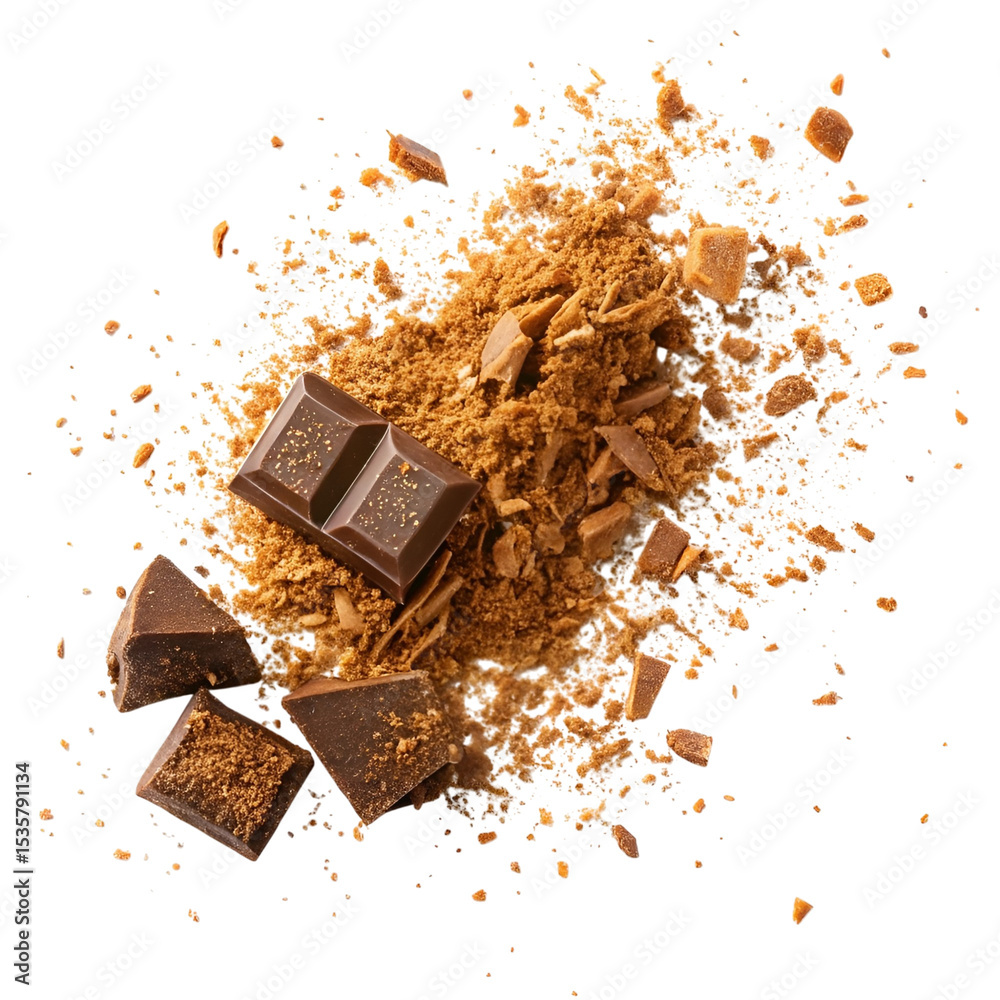 Fototapeta premium Curled milk chocolate shavings with smooth texture scattered on white background