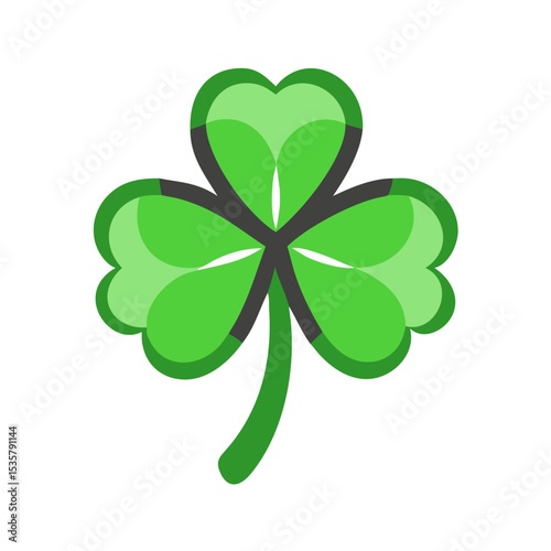 A simple graphic illustration of a green shamrock with a stem colorful vector icon
