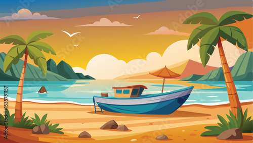 Cartoon Beach Landscape Boat on Sand, Palm Trees, Mountains, and Sunset Sky