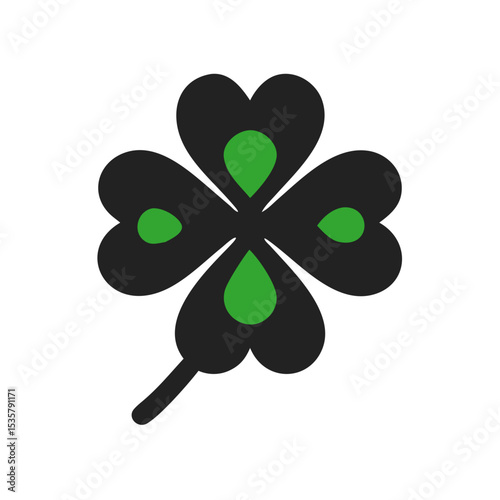 Stylized black four leaf clover with teardrop shaped green accents illustration colorful vector icon