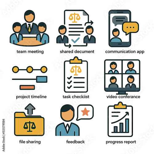 Legal Interaction Icons. Flat icon set of client-lawyer interaction: discussion bubble, calendar appointment,