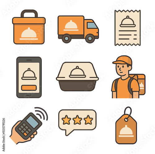 Private Chef Icons. Flat icon set of private chef and catering services: chef hat, cutting board, serving