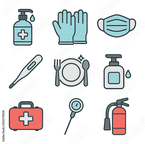 Catering Equipment Icons. Flat icon set of catering equipment: chafing dish, food warmer, serving tray,