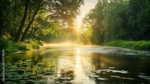 serene river at sunrise through a wide forest clearing