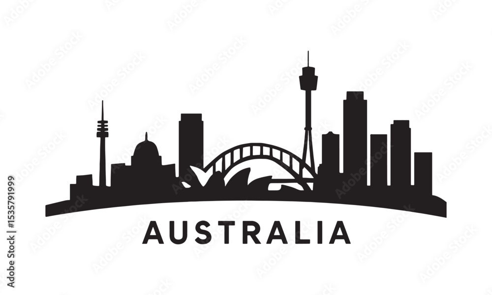 Fototapeta premium Vector illustration of australian skyline including iconic landmarks in black and white