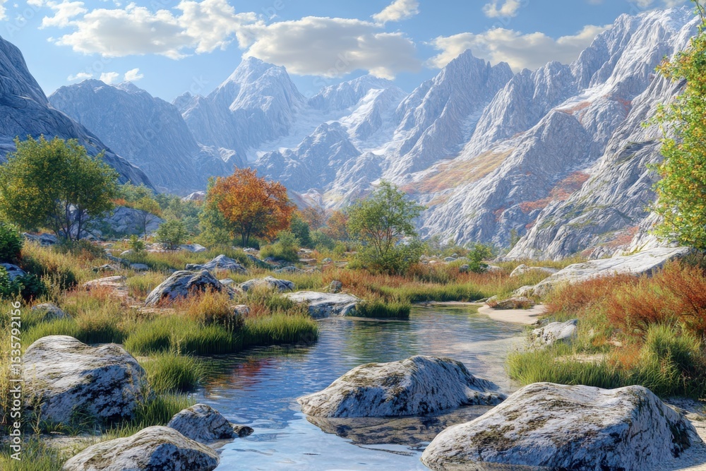 Fototapeta premium An ultra realistic scene depicting mountain landscapes untouched by development in a natural environment.